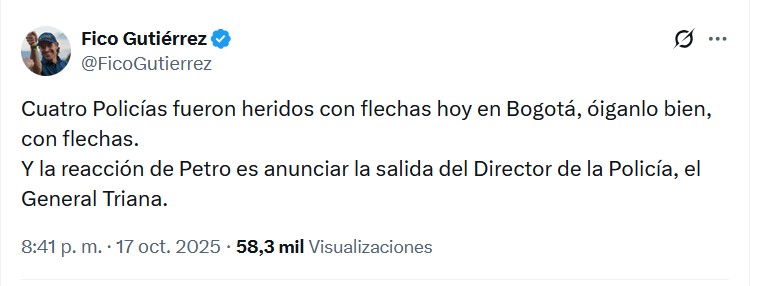 Fico Gutiérrez explota: "cuatro policías heridos con flechas" y Petro responde con salida de General de la Policía